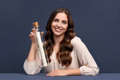 Woman holding glass bottle with scroll