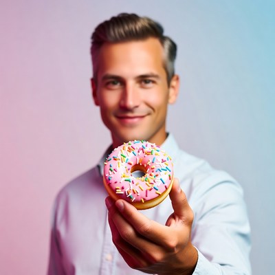 Man holding pink sprinkled donut