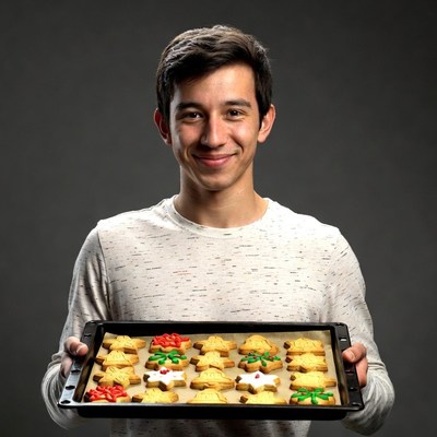Young man holding Christmas cookies