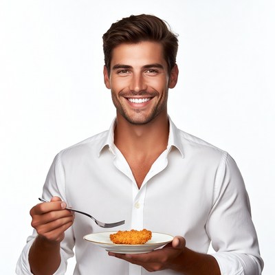 Man eating chicken schnitzel with fork