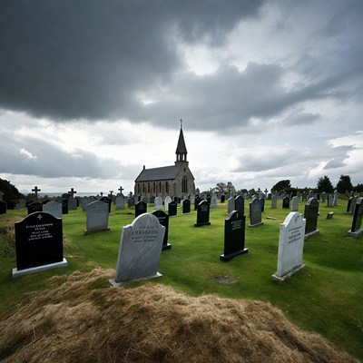 Church in graveyard under stormy sky