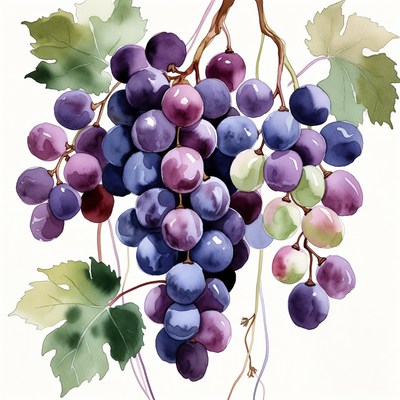 Bunch of purple grapes with leaves