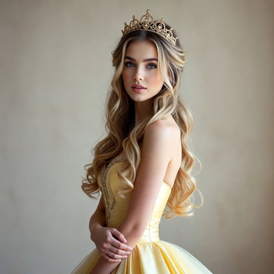 Woman in gold crown and yellow gown