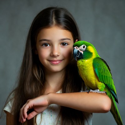 Girl holding green macaw parrot