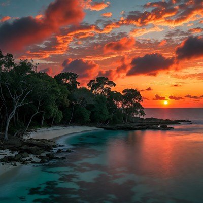 Sunset over tropical beach with turquoise water