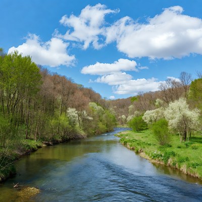 River flowing through green forested valley