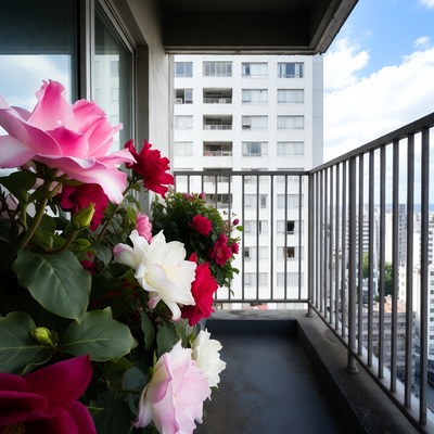 Pink Roses on Balcony with City View