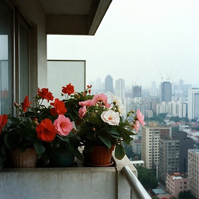 Potted Flowers on Balcony Overlooking City