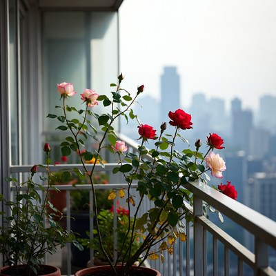Pink and Red Roses on Balcony Overlooking City