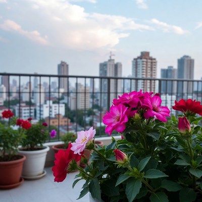 Pink geraniums on balcony overlooking city skyline