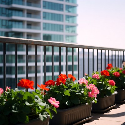 Red Geraniums on Balcony with Skyscrapers