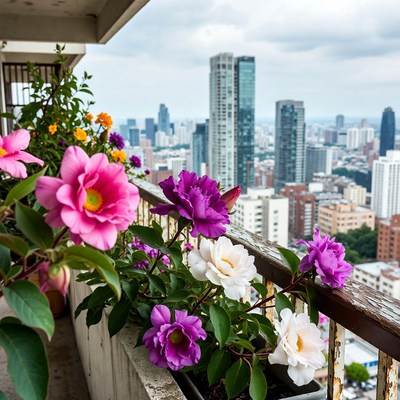 Colorful Flowers on Balcony Overlooking City Skyline