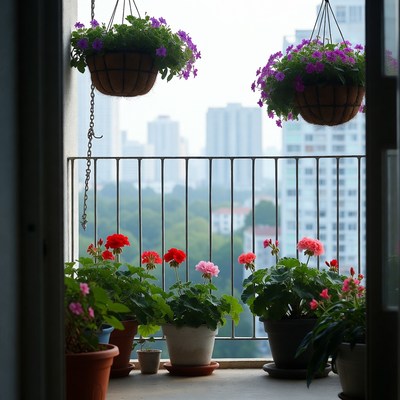 Hanging Purple Flowers on Balcony