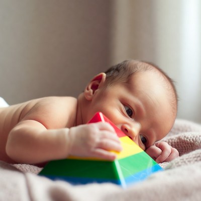 Newborn baby playing with colorful stacking toy