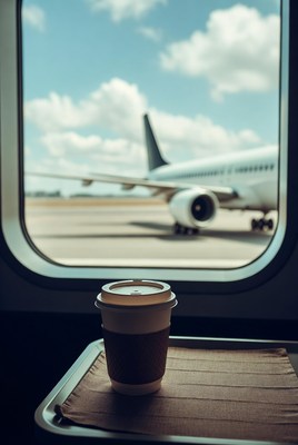 Coffee cup by airplane window