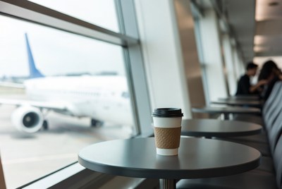 Coffee cup on airport table with airplane view