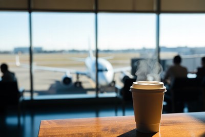 Coffee cup with airplane view