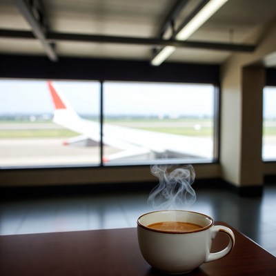 Steaming Coffee Cup at Airport Gate