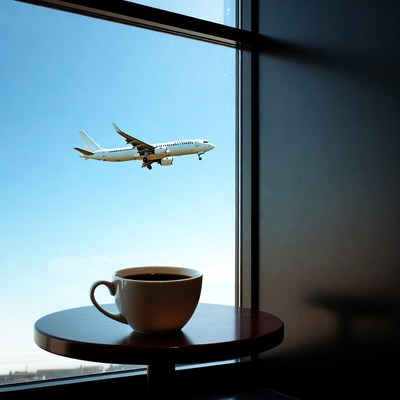 Airplane view from airport window with coffee