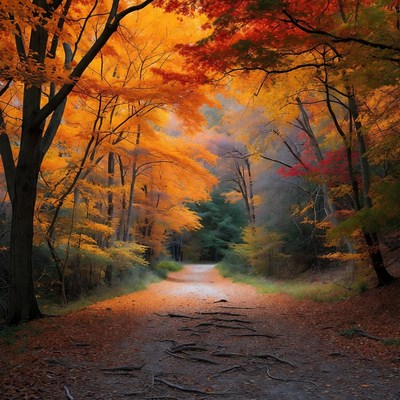 Autumn Forest Path with Orange Trees