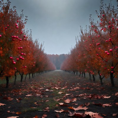 Red Apple Orchard Path in Fog