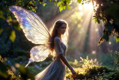 Fairy woman with translucent wings in forest