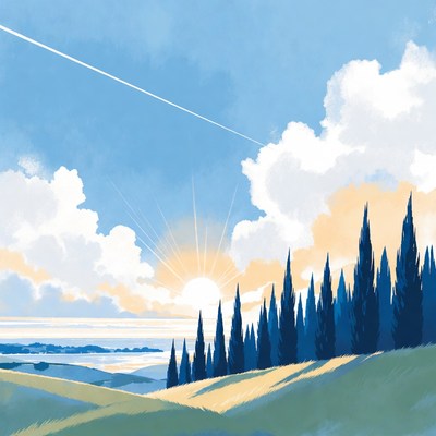 Sunset over Cypress Trees Landscape