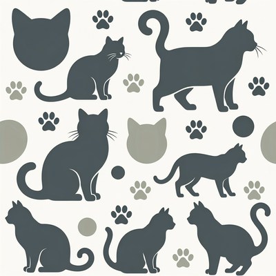 Cat Silhouettes and Paw Prints Pattern