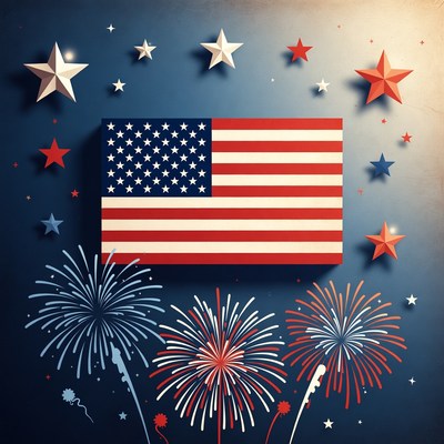 American Flag with Fireworks and Stars