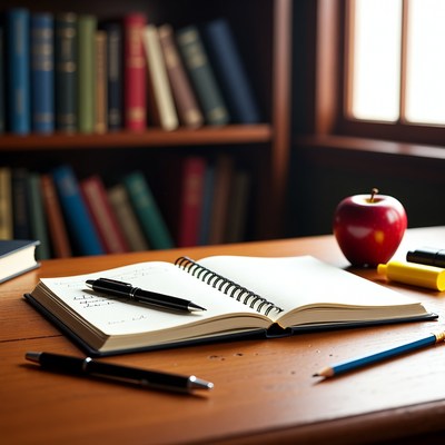 Open notebook with apple on desk