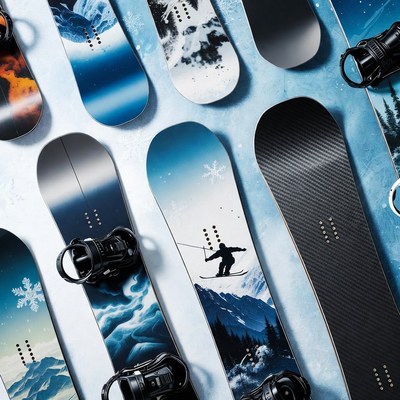 Assortment of Snowboards with Mountain Designs