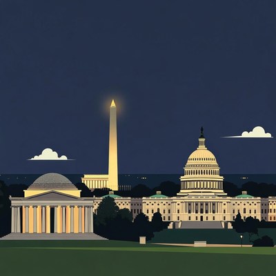 Washington DC Monuments at Night Illustration