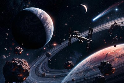 Spaceship Orbiting Ringed Planet