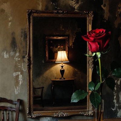 Red Rose and Ornate Mirror