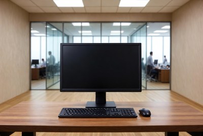 Black monitor on desk with office background