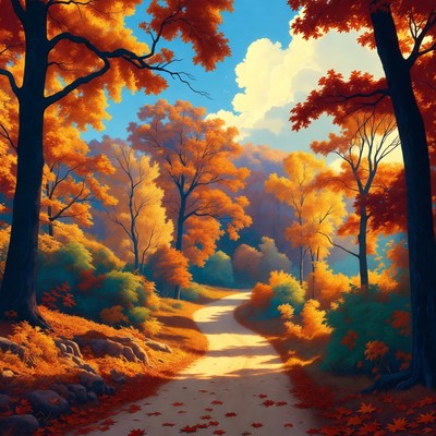 Autumn Forest Path with Orange Trees