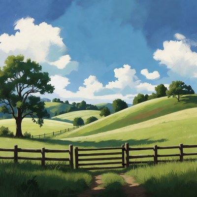 Green Hills with Wooden Fence Gate