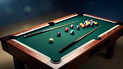 Pool table with balls and cues