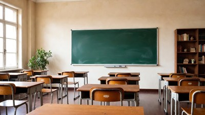 Empty Classroom with Desks and Blackboard