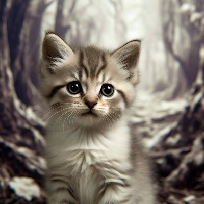 Kitten in misty forest background