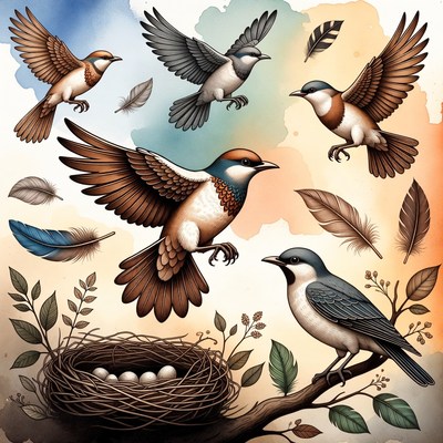 Flying Chickadees and Nest with Eggs