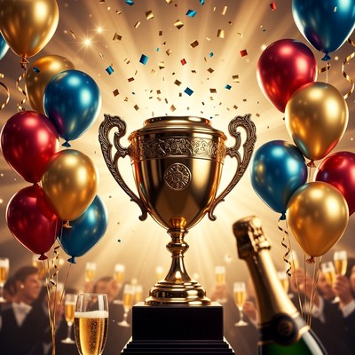 Golden Trophy with Balloons and Champagne