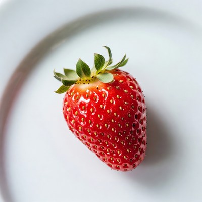 Single strawberry on white plate