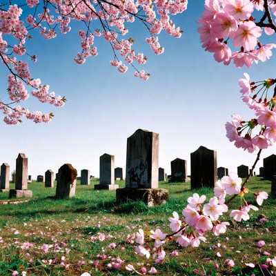 Cherry Blossoms Over Cemetery Gravestones