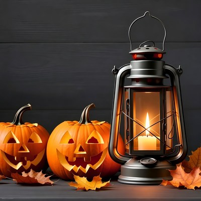 Jack-o'-lanterns with Lantern and Autumn Leaves