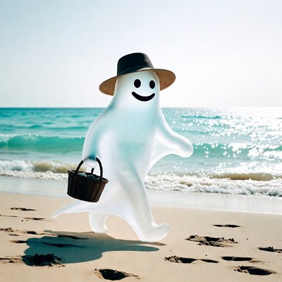 Ghost with hat and basket on beach