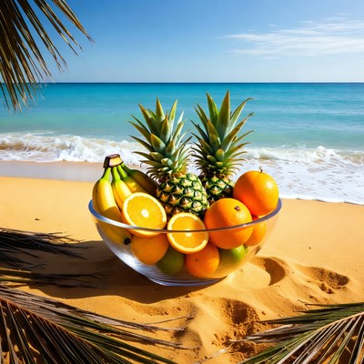 Tropical Fruits in Glass Bowl on Beach