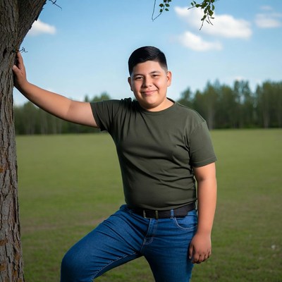 Latino boy leaning against tree