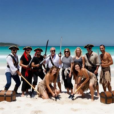 Group of pirates digging treasure beach