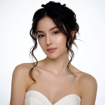 Asian woman in white strapless dress